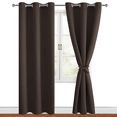 Hiasan Blackout Curtains for Bedroom, 42 x 84 Inches Long - Thermal Insulated & Light Blocking Window Curtains for Living Room/Kids Room, 2 Drape Panels Sewn with Tiebacks, Brown