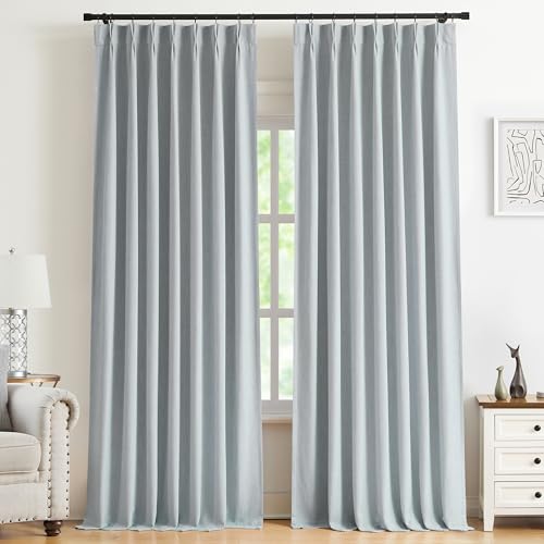 "Kayne Studio Blue Gray Pinch Pleated Full Blackout Curtains 102 Inch Linen Blend Thermal Insulated Soundproof Room Darkening Back Tab Window Drapes with Hooks for Living Room Bedroom(2Panels,40""x102"")"