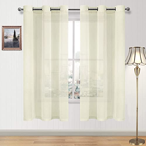 DWCN Ivory Sheer Curtains Linen Look Semi Transparent Voile Grommet Curtains for Living Dining Room Drapes 46 x 63 Inch Long, Set of 2 Panels