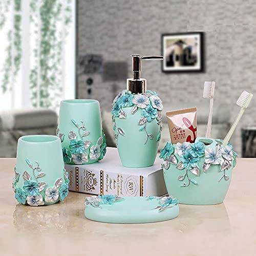 Bathroom Accessories Set, 5-Piece Bathroom Gift Set Features Soap Dispenser Pump, Toothbrush Holder, Tumbler & Soap Dish, Durable Bath Set Decorating Ideas (Blue)