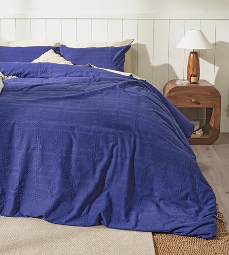 Ruvanti 100% Cotton Waffle Duvet Cover King Size Set, 3 Pieces, Navy, Ultra Soft Pre-Washed Bedding, Breathable Comforter Cover Set 8 Corner Ties, Button Closure