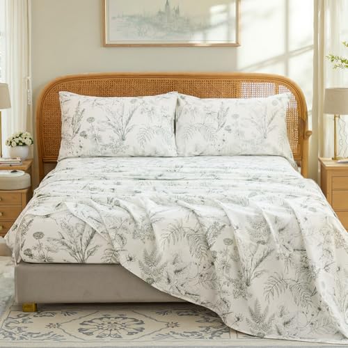 "Cozaline 100% Cotton Sheet Set King Size ??? 4-Piece Chic Garden Floral Bedding Set, Soft Breathable Percale Weave, Deep Pocket Fitted Sheet 17.5"", Crisp Cool Feel, Refined Botanical Elegance"