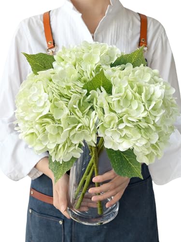 JINWOE 3Pcs Light Green Faux Hydrangea Flowers,21” Latex Real Touch Large Silk Royal Hydrangea Artificial Flowers,Spring Fake Flowers Bouquet for Centerpieces Table Wedding Kitchen Home