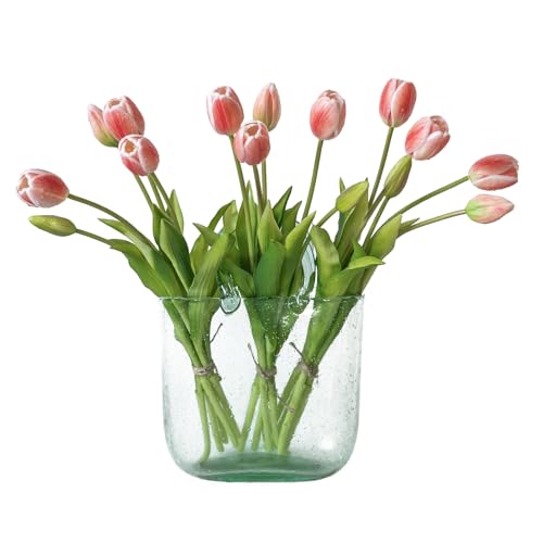 DUYONE 15pcs Artificial Tulips Flowers, Real Touch Latex Bouquet, Fake Tulips for Office Wedding Party Home Kitchen Garden Decoration-B Coral Pink
