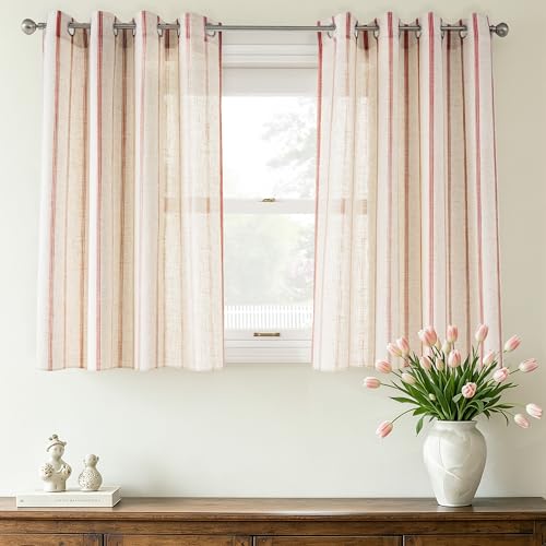 DriftAway Farmhouse Curtains for Living Room Vertical Striped Linen Curtains Semi Sheer Light Filtering Grommet Window Treatments, 36 Inches Long, 2 Panels, Pinstripe Red on Beige