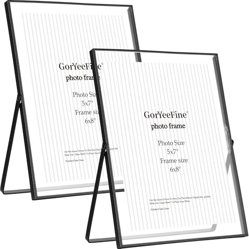 GorYeeFine Black 6x8'' Floating Picture Frame Set of 2,For Photo Sizes (3.5x5''4x6''5x7''),Simple Metal beaded Floating Picture Frames for Tabletop/Shelf,Classy Gift Choice for Wedding,Thanksgiving