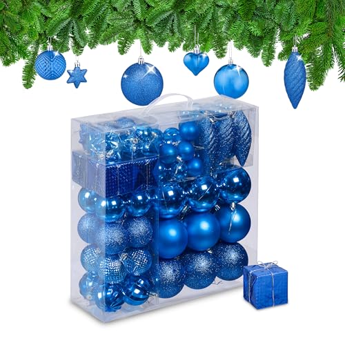 Relaxdays Christmas Bauble Set of 110, Glittery, Matt & Shiny Ornaments, Plastic Xmas Tree Balls, HxD: 9 x 8 cm, Blue