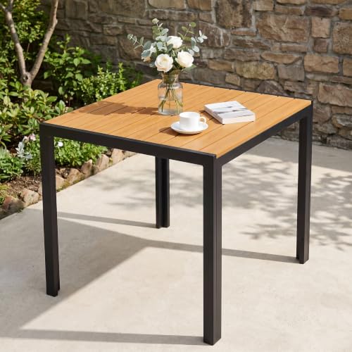 Clevich Weatherproof Garden Table, 75 x 75 cm, Outdoor Dining Table, WPC Balcony Table, Aluminium Frame, Weatherproof Garden Furniture, Square Patio Table, Teak Brown