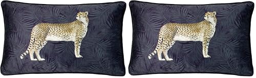 Paoletti Cheetah Forest Velvet Cushion Cover – Realistic Animal Botanical Soft Durable Decorative Cushion (Navy – 50 x 30cm) (Pack of 2)