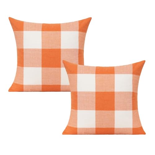 VAKADO Orange and White Decorative Plaids Cushion Covers Fall Thanksgiving Farmhouse Retro Check Checkers Linen Rustic Cushion Cases Autumn Decor for Sofa Bedroom Car Outdoor 18x18 Inch Pack of 2