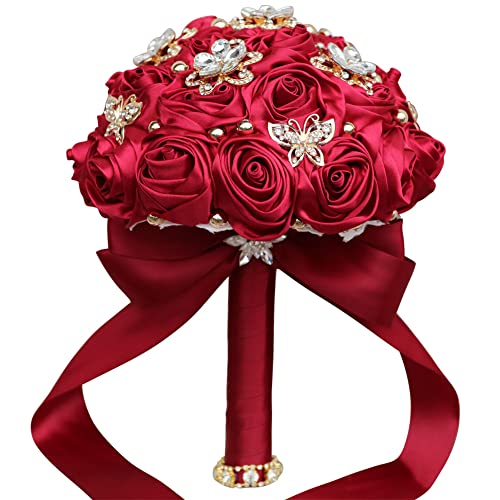 "Sharebeauty 7.1"" Handmade Satin Rose Bridal Bouquet Toss Round Wedding Bouquet Throw Toss Artificial Flower Bunch Carmine"