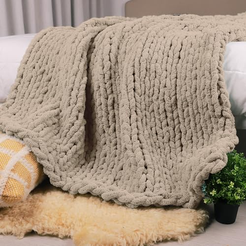 "Carriediosa Chunky Knit Throw Blanket 60"" X 80"" Twin, 100% Hand Made Large Chenille Loop Yarn Soft Fluffy Throws for Couch Sofa Bed, Big Crochet Cozy Heavy Thick Cable Woven Blankets, Taupe"