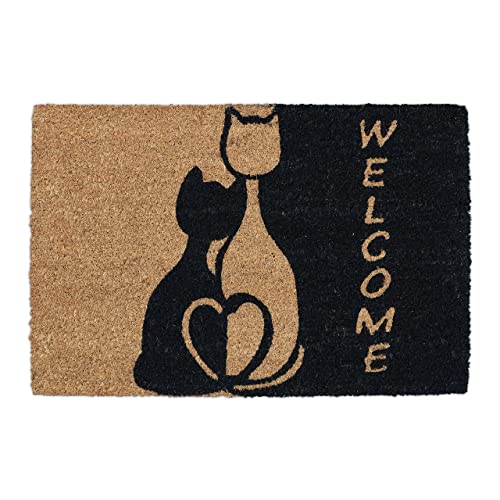Relaxdays Cute Romantic White Cats Doormat, 40x60 cm, Inside & Outside Use, Non-Slip, Natural Coir/Black, Coco, 40x60cm