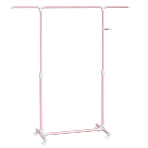 SONGMICS Clothes Rack with Castors, Garment Rack, Adjustable Height Between 97-165 cm, Clothes Rail with Extendable Bar, Side Hooks for Accessories and Bags, Jelly Pink LLR001R02