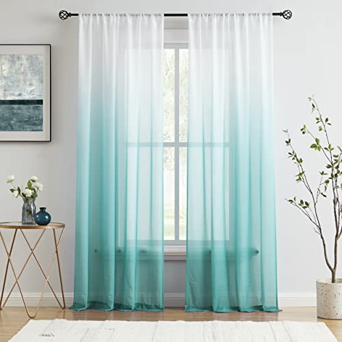 "Ombre Sheer Curtains Teal for Living Room Bedroom, Chiffon Crinkle Gradient Semi Sheer Window Treatments for Girls Room, Light Filtering Ombre Curtain Drapes for All Season, Rod Pocket, 42""Wx63""Lx2"