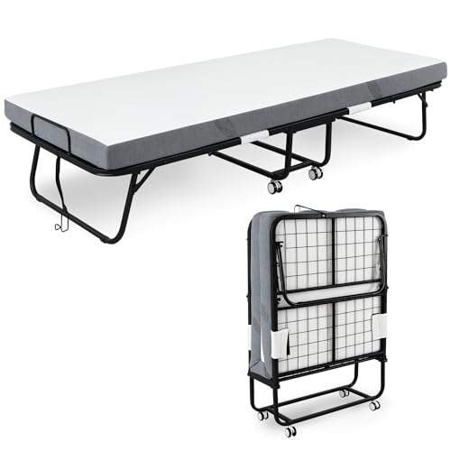 HOMCOM Folding Bed with 10cm Mattress Portable Foldable Guest Bed on Wheels
