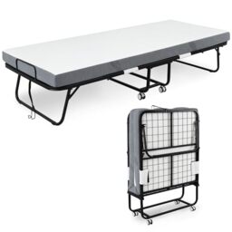 HOMCOM Folding Bed with 10cm Mattress Portable Foldable Guest Bed on Wheels