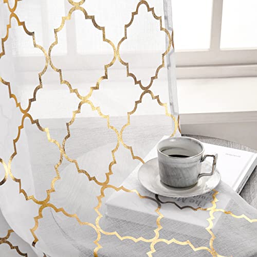 Kotile - 2 White and Gold Sheer Curtains, 96 inches Long, Moroccan Metallic Shimmering Pattern, Rod Pocket, Light Filtering and Elegant Finish, 52 x 96 inches (W x L)