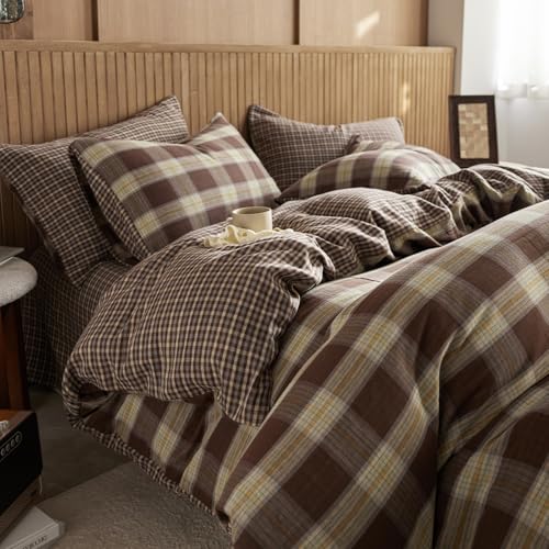 EAVD Vintage Coffee Plaid Duvet Cover Full Soft 100% Muslin Cotton Yellow Green Coffee Grid Checkered Plaid Bedding Set with 2 Pillowcases Farmhouse Reversible Gingham Duvet Cover with Zipper Closure