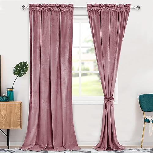 Hiasan Velvet Curtains 96 inches-Blackout Thermal Insulated Solid Soft Privacy Curtains for Bedroom Living Room Rod Pocket Room Darkening 2 Panels Window Drapes with Tiebacks, 42W x 96L, Wild Rose
