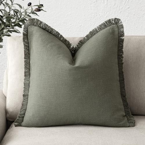 Foindtower Decorative Linen Fringe Throw Pillow Covers Cozy Boho Farmhouse Cushion Cover with Tassels Soft Accent Pillowcase for Chair Sofa Bed Living Room Home Decor, 24??24 Inch, 1PC, Olive Green