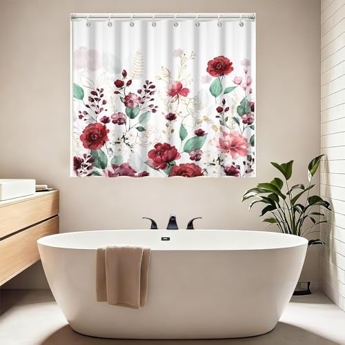 Leyiyi Red Pink Floral Waterproof Bathroom Window Curtain, Watercolor Eucalyptus Leaves Flower Short Shower Window Curtains, Waterproof Fabric Small Curtain for Kitchen Bathroom Windows 40x36 Inch