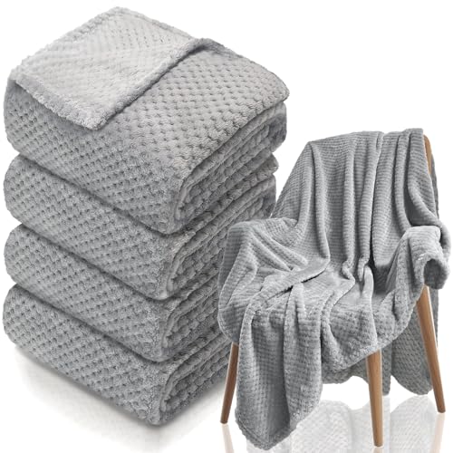 Tewloss 4 Pack Fleece Throw Blankets 50x60 Inches - 270 GSM Ultra Soft Plush Flannel for Bed Couch Sofa, Lightweight Warm 3D Waffle Texture, No Shedding No Pilling All Season Throw (Grey)