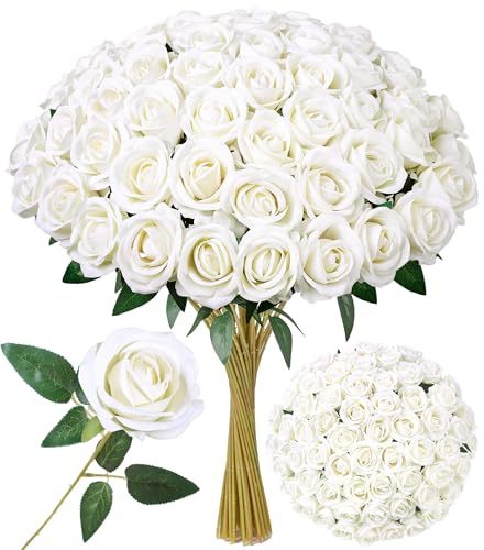 INSPRING 50 PCS White Roses Artificial Flowers with Long Stems - Real Looking, Fake Roses, Silk Flowers, DIY Bouquet, Wedding Party Celebration Home Bridal Decoration Gift, for Her Wife