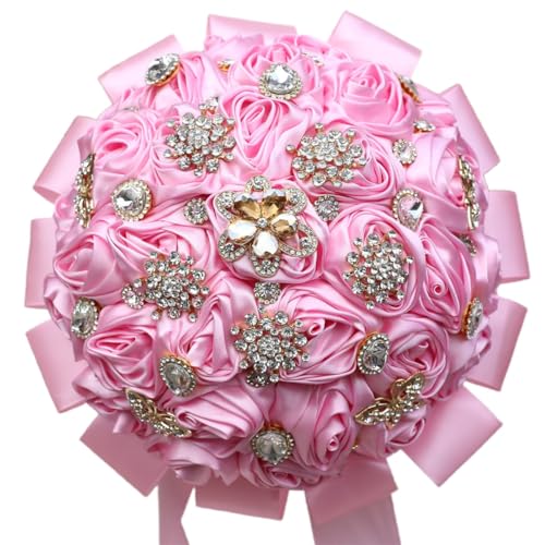 "Mhojpik 8.7"" Pink Bridal Wedding Bouquet Round Bling Brooch Bouquet Throw Toss Artificial Rose Bud Flower Bunch for Bride Bridesmaid Wedding Quinceanera"