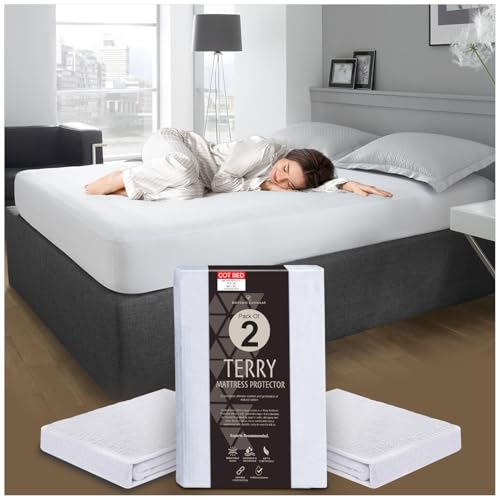 GC GAVENO CAVAILIA Terry Towel Mattress Protectors - Pack of 2 Cot Bed Mattress Protector Fitted Sheet - Waterproof Mattress Cover - Breathable 30cm Deep Mattress Protector (70 x 140cm) - White
