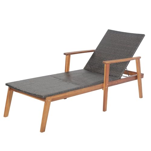 RELAX4LIFE Garden Sun Lounger, 4-Level Adjustable Patio Chaise Lounge Chair with Solid Acacia Wood Frame, Outdoor PE Rattan Recliner Sunbathing Deck Sunbed for Backyard, Poolside, Beach and Balcony