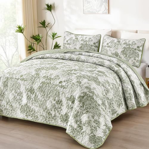 "WONGS BEDDING Botanical Quilt Set Queen Size, Sage Green 3 Pieces Toile Floral Plants Printed Bedspread Bedding Set Soft Lightweight Microfiber Coverlet Set for All Season (96""x90"")"