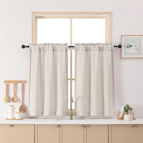 Chyhomenyc Chenille Velvet Kitchen Curtains 30 Inch Length - Light Filtering Short Window Curtains, Soft Small Half Window Curtain Panels for Bathroom Basement, 30Wx30L Inch, 2 Panels, Natural