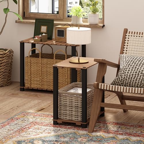 Furinno TURN-N-TUBE 2-Tier Wood Slat Small Rectangle End Table with Open Shelves, Natural/Black