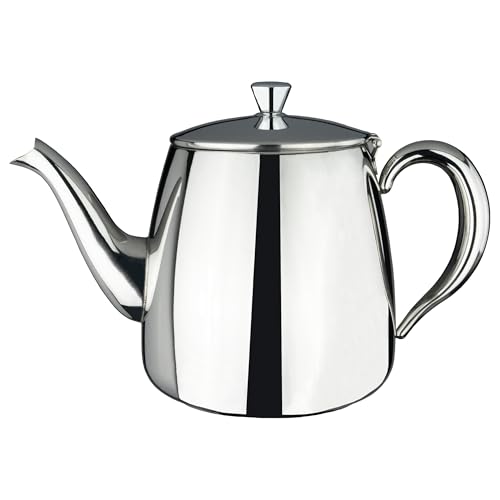 Caf?? Ol?? Premium 8-10 Mug Stainless Steel Teapot, 1990ml - Premium mirror-polished stainless steel teapot with stay-cool hollow handle and precision spout for controlled pouring.