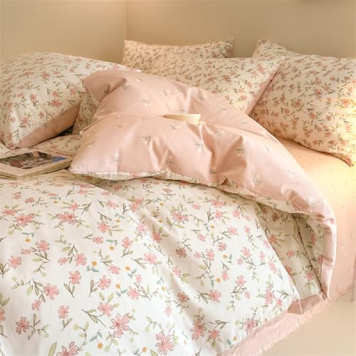 Bildenly Floral Duvet Cover Queen Size Pink Flower Reversible Bedding Set Garden Flower Botanical Soft & Lightweight Microfiber Comforter Cover Set with Zipper Closure and 2 Pillowcases