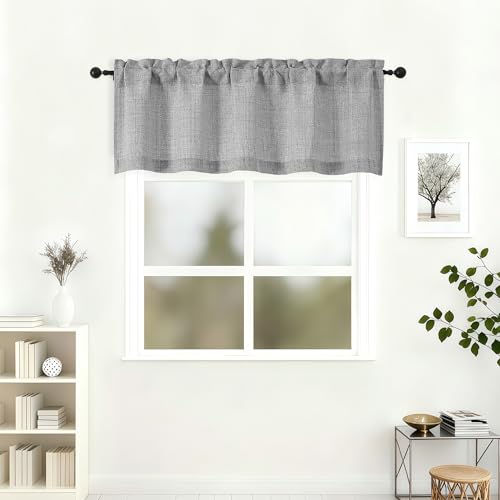 "Lecloud Grey Valances for Windows 18 Inch Length, Light Filtering Soft Faux Linen Window Treatments Kitchen Curtains, Elegant Rod Pocket Cafe Drapes for Bathroom Bedroom, 52"" W x 18"" L 1 Panel"