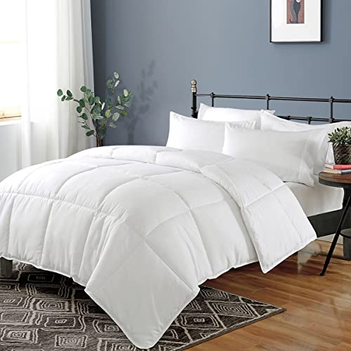 Dafinner Cloud Down Alternative Comforter - 100% Cotton Ultra-Soft Brushed Cover, Luxury Plush Recycled Microfiber, Lightweight Cloud Comforter Duvet for Warmer Weather/Sleeper (Full/Queen, White)