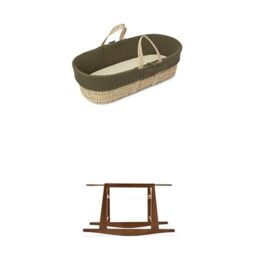 The Little Green Sheep Bundle - Knitted Moses Basket & Mattress, Juniper Colour + Rocking Moses Basket Stand, Walnut Colour