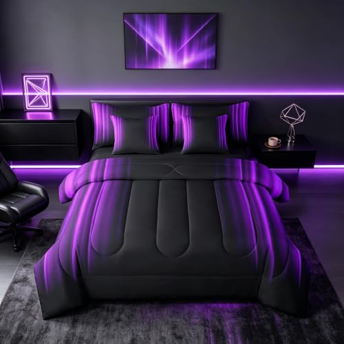 Feelyou Geometric Abstract Ombre Comforter Set with Sheets Kids Teens Purple and Black Striped Bedding Bed Set Decor Modern Fashion Bed in a Bag Bedroom Collection Twin Size