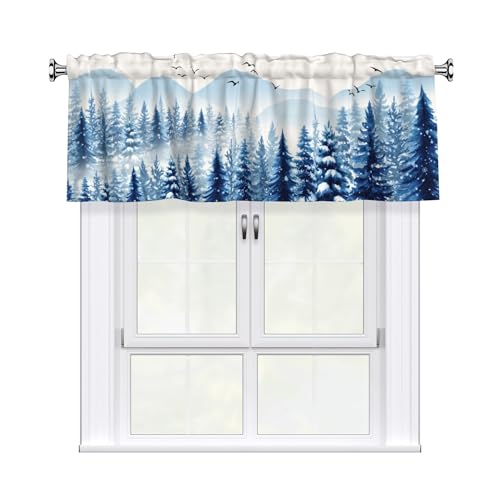 DZGlobal Winter Valances for Windows - Snowy Forest Tree Short Curtain Blue Cafe Curtains for Kitchen Bathroom Basement Living Room Bedroom