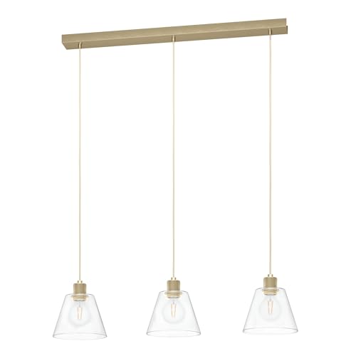 Eglo Pendant Lamp Copley, Dining Table Light Smoked Glass, 3-Light Ceiling Hanging Clear Glass and Gold Metal, E27 Socket, L 90 cm