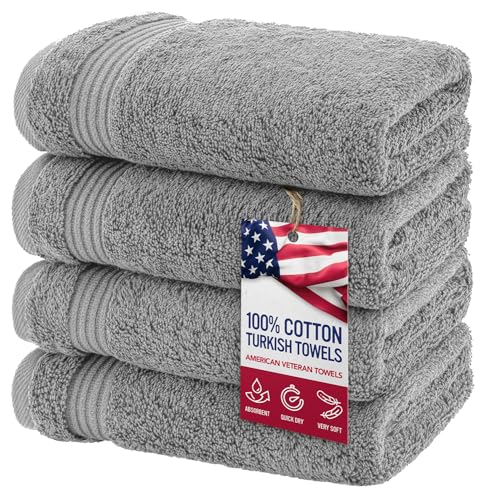 American Veteran Towel, Hand Towels for Bathroom Set of 4, 100% Cotton Turkish Hand Towel Sets Clearance Prime, Soft Hand Face Towels, Light Grey Hand Towels