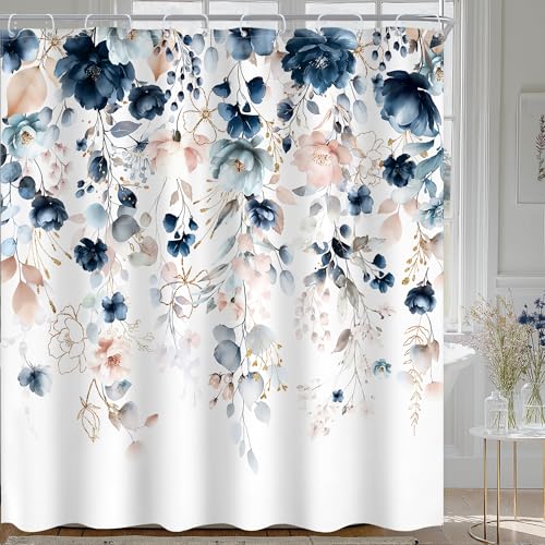"Ufeela Extra Long Flower Spring Blue Pink Bathroom Shower Curtain Set - 72""W x 78""L Floral Wilfflower look, waterproof HD printed shower curtain, quick-dry fabric and free hooks."