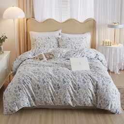 HighBuy 3 Pieces Duvet Cover Queen Size White Duvet Cover with Blue Floral Print,Soft Cotton Comforter Cover Boho Style,Aesthetic Queen Bedding Set with Zipper Closure 4 Ties