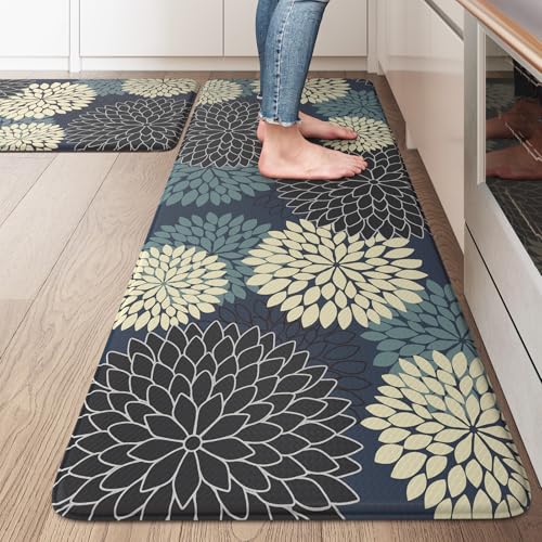 "KIMODE Padded Anti Fatigue Rug Sets of 2, Ergonomic Standing Kitchen Rugs 2PCS, Boho Kitchen Mats for Floor 2 Pieces Stain Resistant, Non Slip Kitchen Sink Floor Mat Waterproof, 20""x32""+20""x47"", Blue"