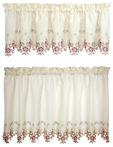 Today's Curtain Verona Reverse Embroidery Window Tier, 30-Inch, Ecru/Rose