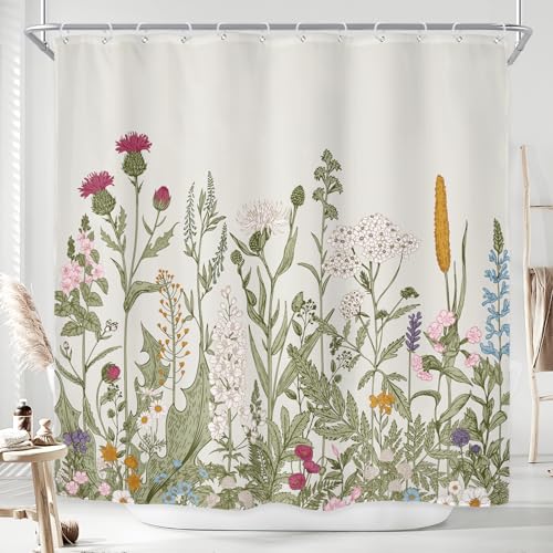 Riyidecor Fabric Wildflower Botanical Shower Curtain for Bathroom Decor 72Wx74H Inch Floral Flower Plant Herbs Green Leaves Decorative Bath Set Bathroom Accessories Polyester Waterproof 12 Pack Hooks