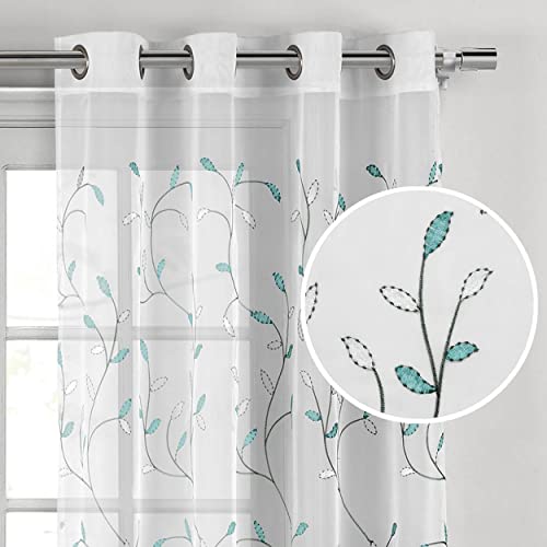 "Creative Home Ideas Wavy Leaves Embroidered Sheer Extra Wide, 54"" x 84"", Grommet Single Curtain Panel, Turquoise"
