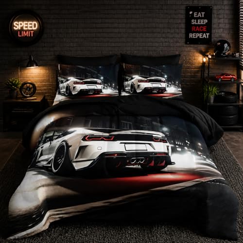 Nttopship Sports Car Comforter Set Twin Size 7PCS, White Racing Car Bed Set Light White Racing Car Bedding Set 7 Piece in A Bag,Bed Sheet Set White Racing Car Decor,Microfiber Lightweight All Season